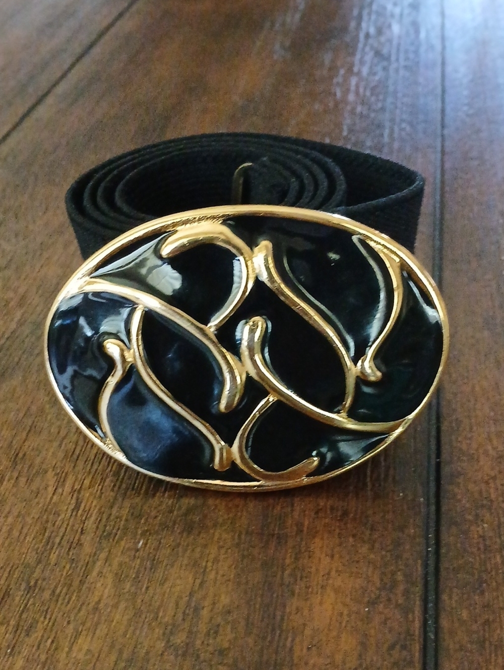 Vintage 80s Nan Lewis Stretch Belt Enamel Belt Black/gold Buckle Elastic Cinch